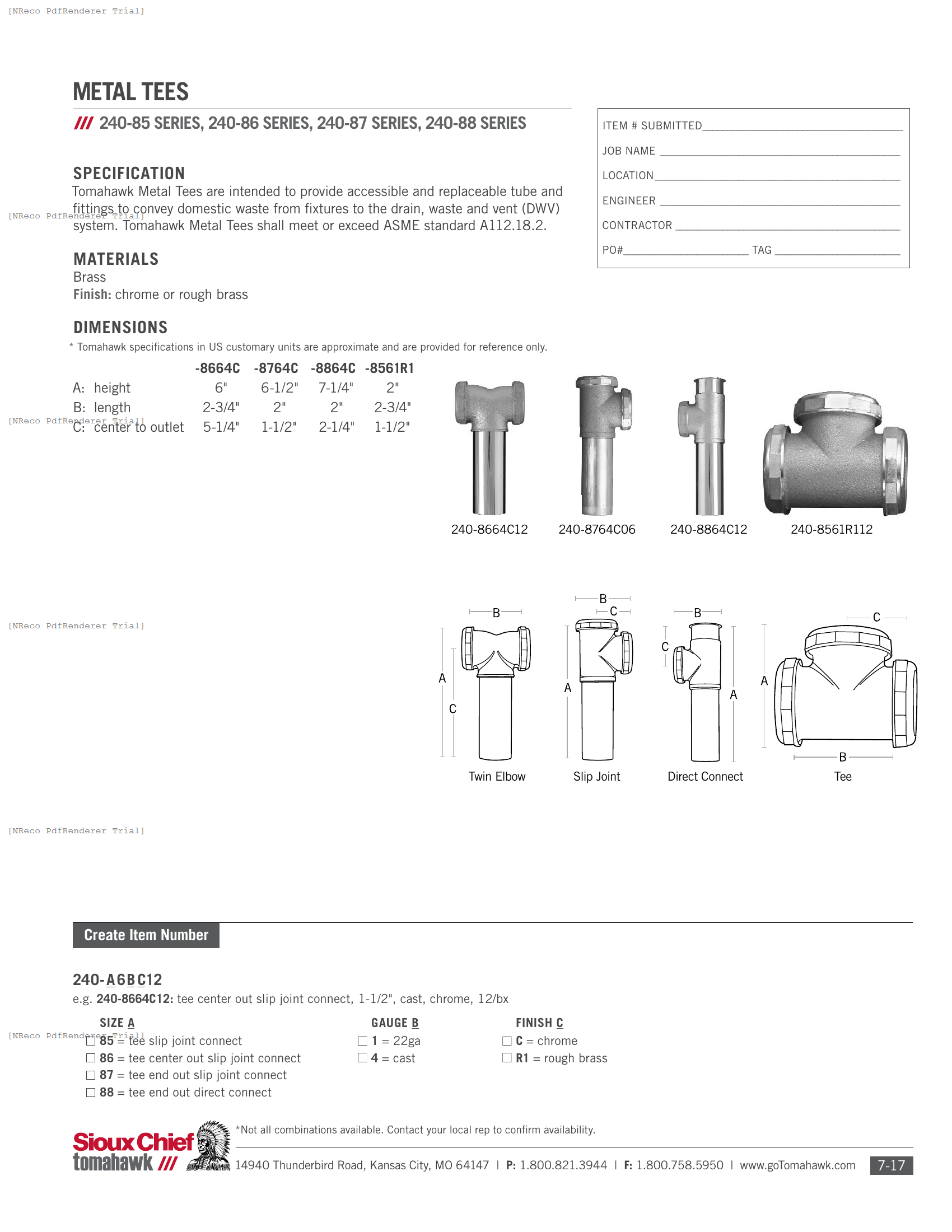 240 SERIES - METAL TEE - SPEC SHEET.PDF Specification Document